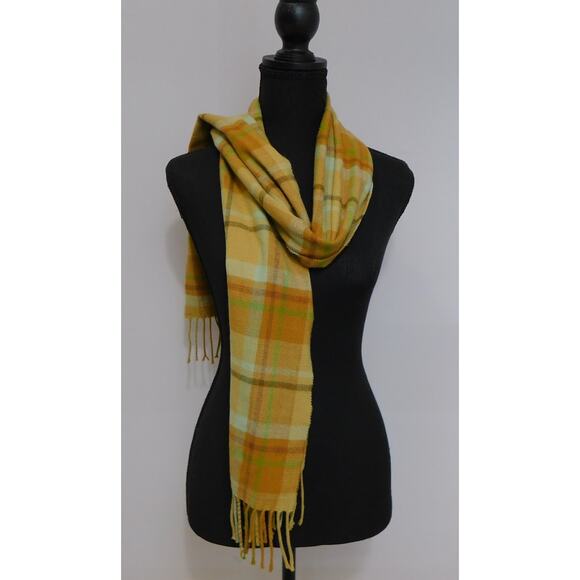 Cashmere 100%  Plaid Scarf Fringe with tones of Yellow, Brown, Cream and Green - Picture 2 of 11